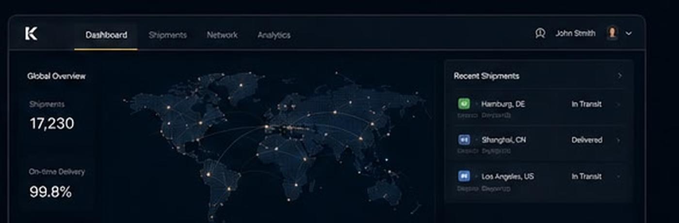 KSENZ control-tower dashboard showing live global shipments, on-time performance and recent movements