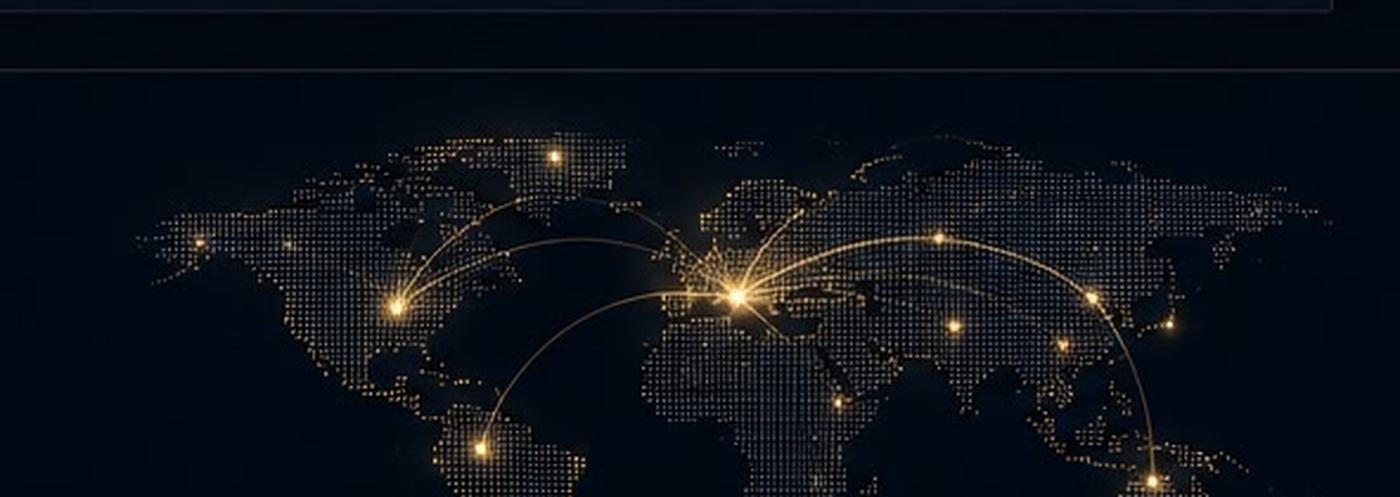 World map showing the KSENZ global network with illuminated trade-lane connections